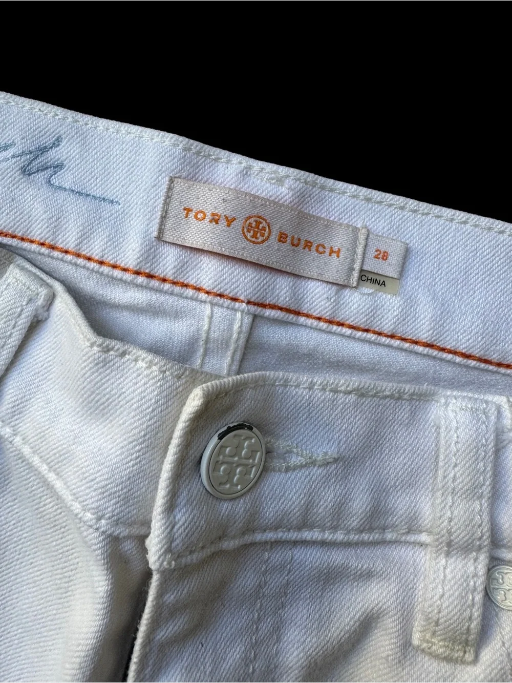 Tory Burch White Jeans with Orange Logo Detail